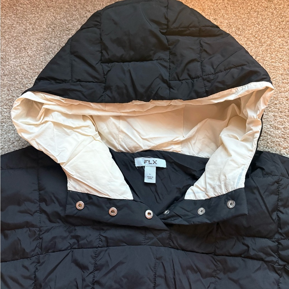 FLX Cropped Puffer Pullover Jacket Black White Hooded - Picture 3 of 6